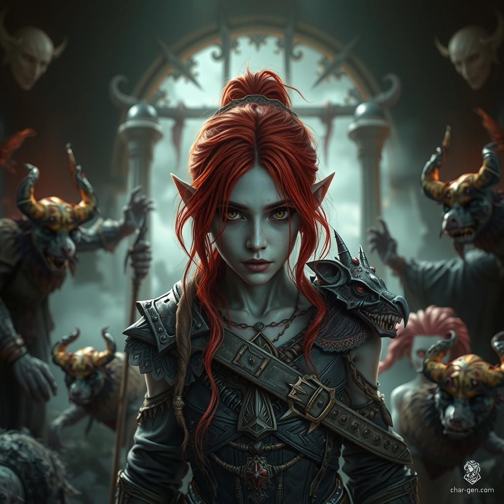 Keyleth, a 17-year-old half-elf druid, hails from the Air tribe of the Ashari. Known for her exceptional wisdom, fair skin, and striking cherry-red hair, she excels in air manipulation and beast-shaping. Tasked with completing the Aramente to prove her leadership, she often doubts her worthiness despite her deep connection with nature and animal companions.
