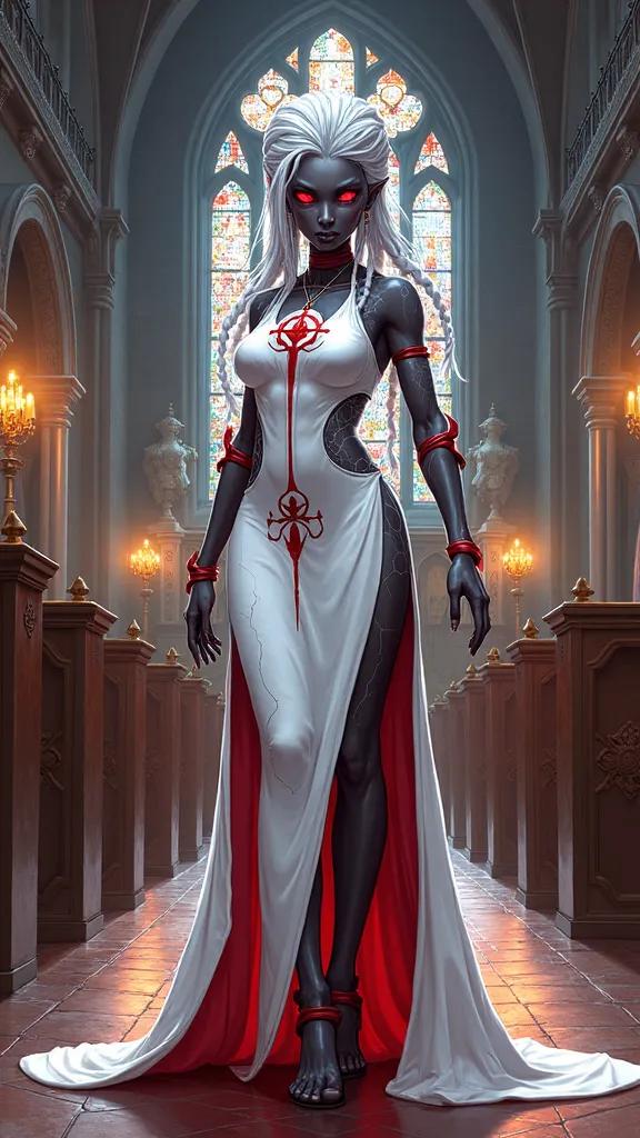 A young female drow cleric of the Blood Domain, her obsidian cracked skin and piercing red eyes contrast with flowing white braid hair tied in a ponytail. She wears a striking white and red dress, radiating serene power with a prominent holy symbol, evoking a Legend of Vox Machina anime style.