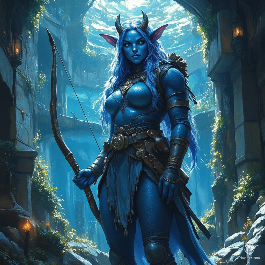 Ehmmalee, a fierce and gorgeous triton ranger, boasts a muscular build, her long blue hair flowing like ocean waves. With scaly legs and webbed feet, she moves through both land and sea effortlessly, accompanied by her loyal pet sea lion, embodying the spirit of the depths.