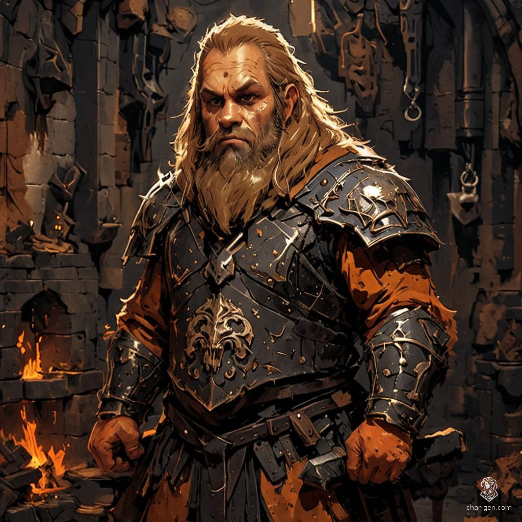 A confident male dwarf fighter stands in a sun-dappled forest, exuding strength and skill. With tan skin and striking jet black hair and beard, he dons chainmail armor beneath a brown cloak. Surrounded by suits of armor and tools of his trade, he crafts protection for fellow warriors, ready for battle.