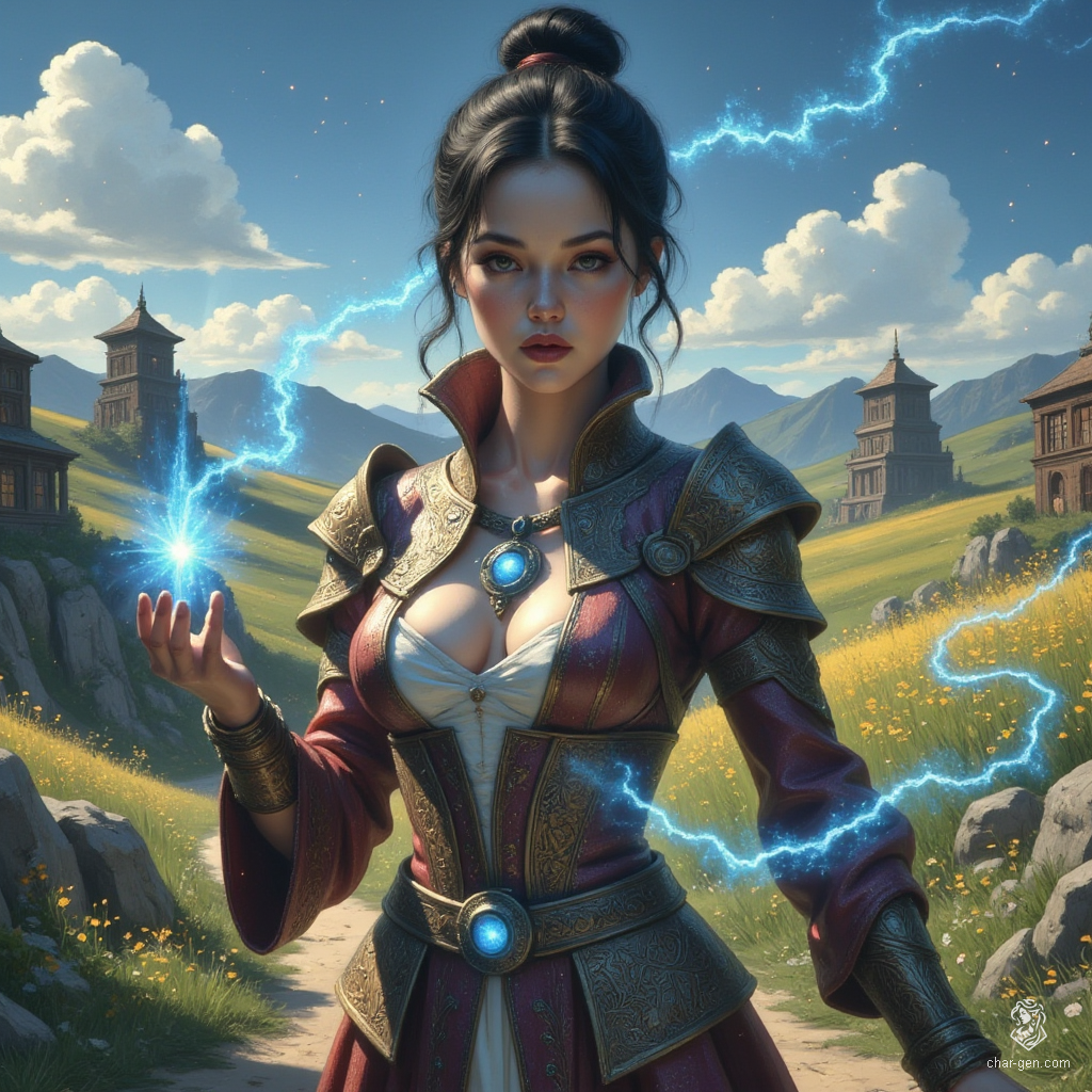 Jouli, a striking middle-aged investigator mage of East Asian descent, stands poised in intricately embossed leather armor. Her pale skin gleams in sunlight as she conjures a glowing blue rune. With a pixie cut and bright, concerned eyes, she balances her roles as a fierce protector and devoted librarian amid ancient tomes.