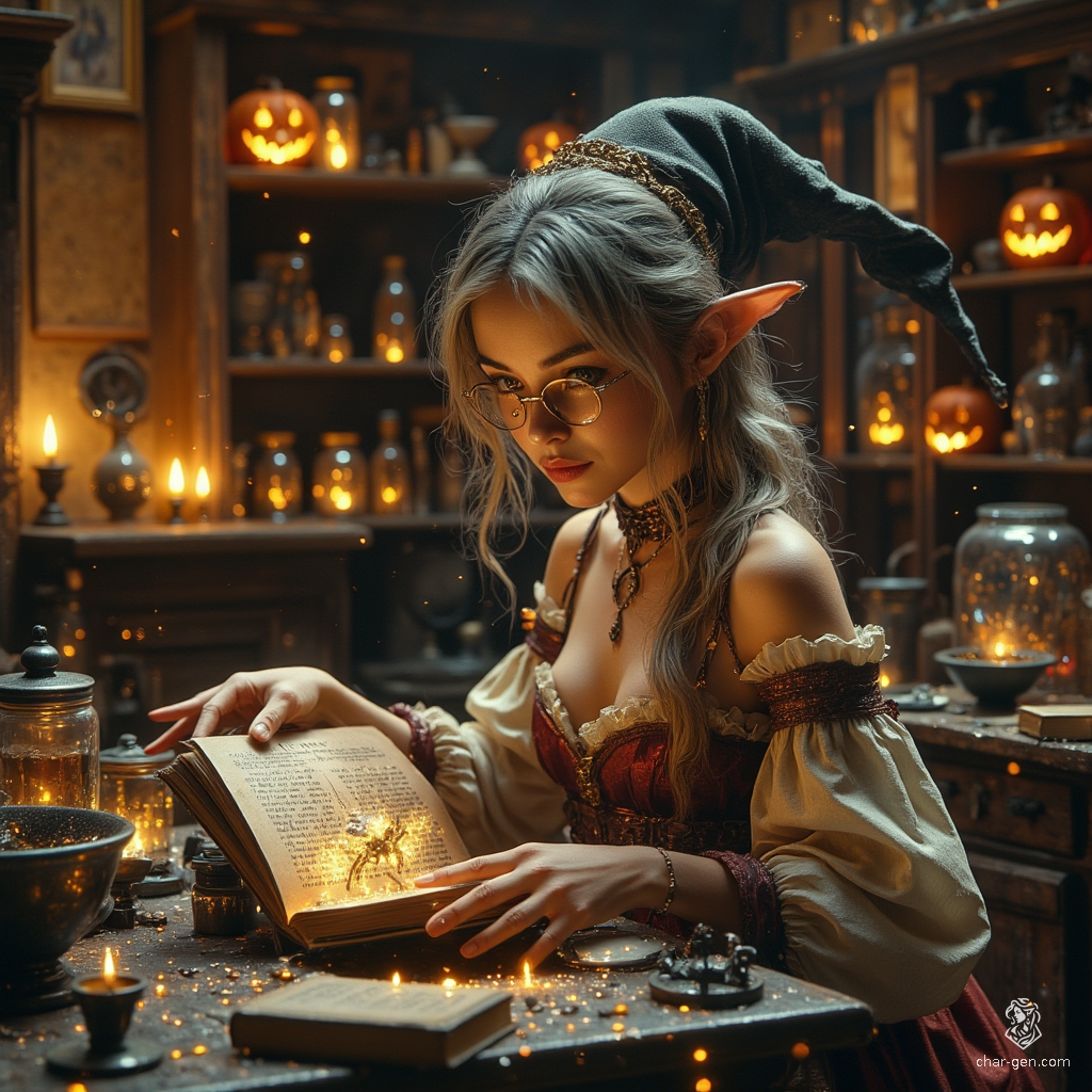 Maryam, the Apothecary Witch, is a charming older elf with tanned skin and inquisitive topaz eyes. Her graceful, slender form is framed by flowing tea-colored hair streaked with grey. Dressed in practical, renaissance-influenced attire, she expertly navigates her cozy alchemical lab, surrounded by jars of herbs, potions, and a ghostly spider familiar, embodying both care and excitement in her magical pursuits.