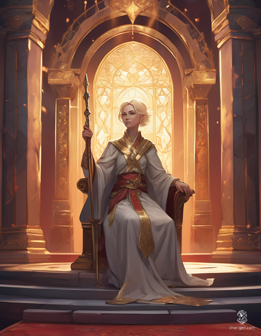 Loralyn, a serene Aasimar monk and baroness, exudes ethereal grace in her throne room. With radiant golden skin, pupil-less eyes glowing intensely, and a poised posture, she embodies celestial authority. Clad in elegant robes adorned with symbols and wielding a softly glowing quarterstaff, she watches over her realm with calm focus and warmth.