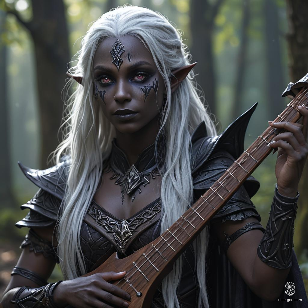 A striking Drow bard with distinct tan skin, contrasting sharply with wavy, long black hair and purple eyes. She carries a magical instrument, using expressive gestures to enchant her audience. Her white hair and grey-skinned heritage add to her captivating presence.