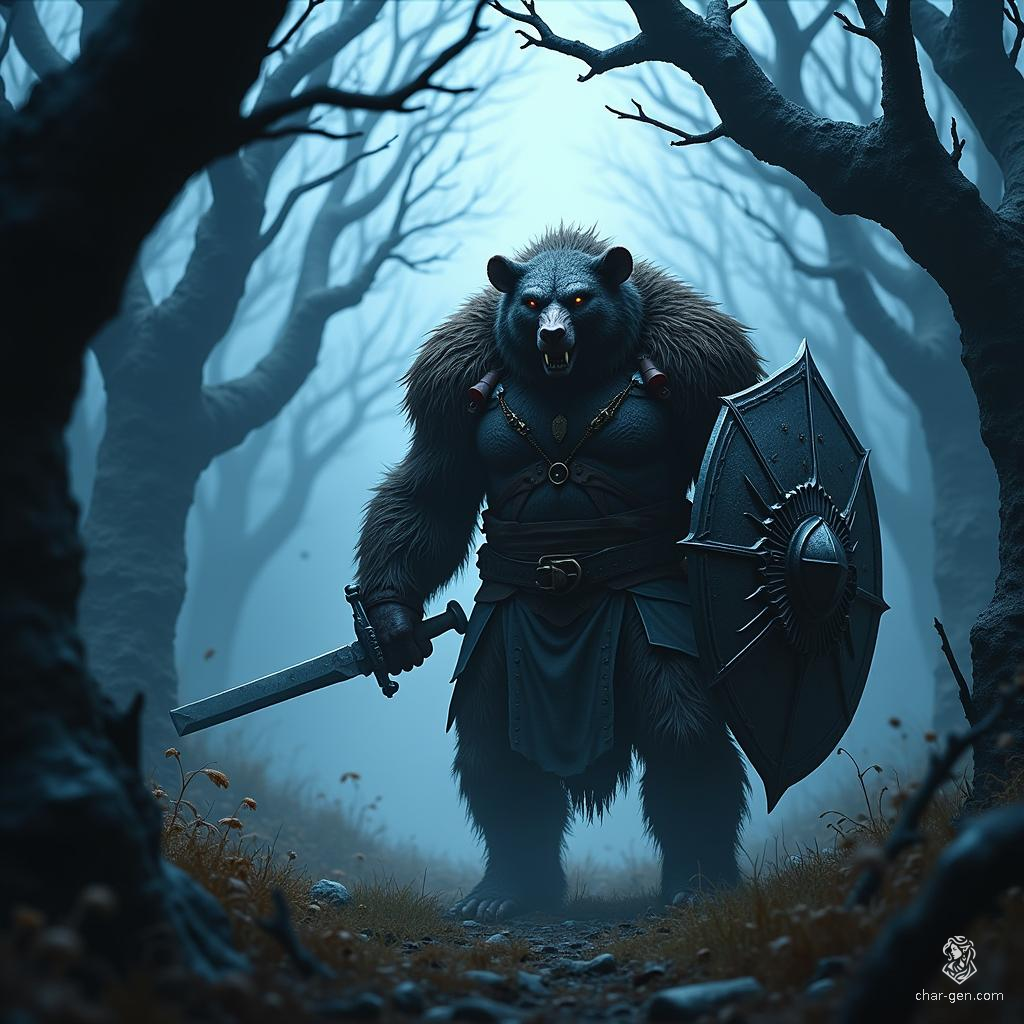 Kaxiris, a formidable bugbear ranger from a desolate High Moor village, stands poised in dark attire, clutching a shortsword and shield. With keen eyes and unmatched stealth, he navigates the shadows, driven by vengeance against the Drow who destroyed his home.