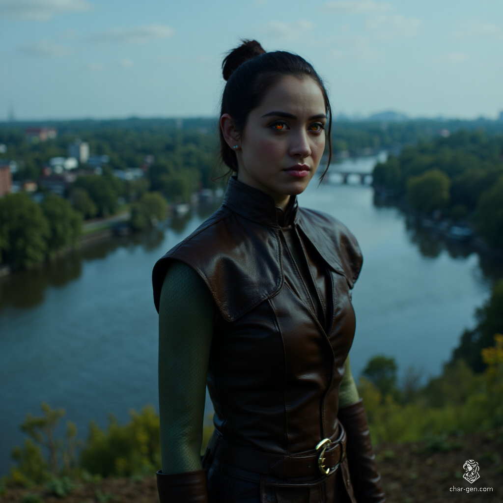 Izzy, a newly emancipated halfling assassin, embodies youthful beauty and lethal skill. Standing at 1.5 meters with striking yellow-green eyes and shimmering green-scaled arms, she dons a tight leather breastplate and lurks in the shadows, ready to strike with her crossbow and concealed daggers. Maliciously skilled, she exudes a thrilling danger.