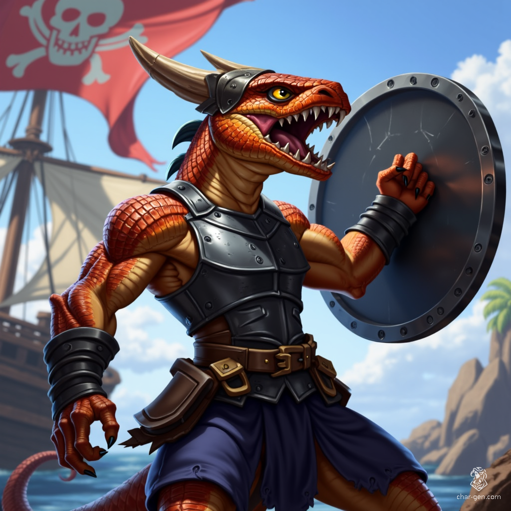 Luna, a muscular half-kobold, half-goloma fighter, exudes confidence with glossy copper-black scales and eight spider-like eyes. Clad in a steel breastplate and raising a shield defensively, he snarls fiercely, revealing dragon-like fangs. A dynamic presence, he balances strength and agility, embodying the spirit of a hardened outlaw.