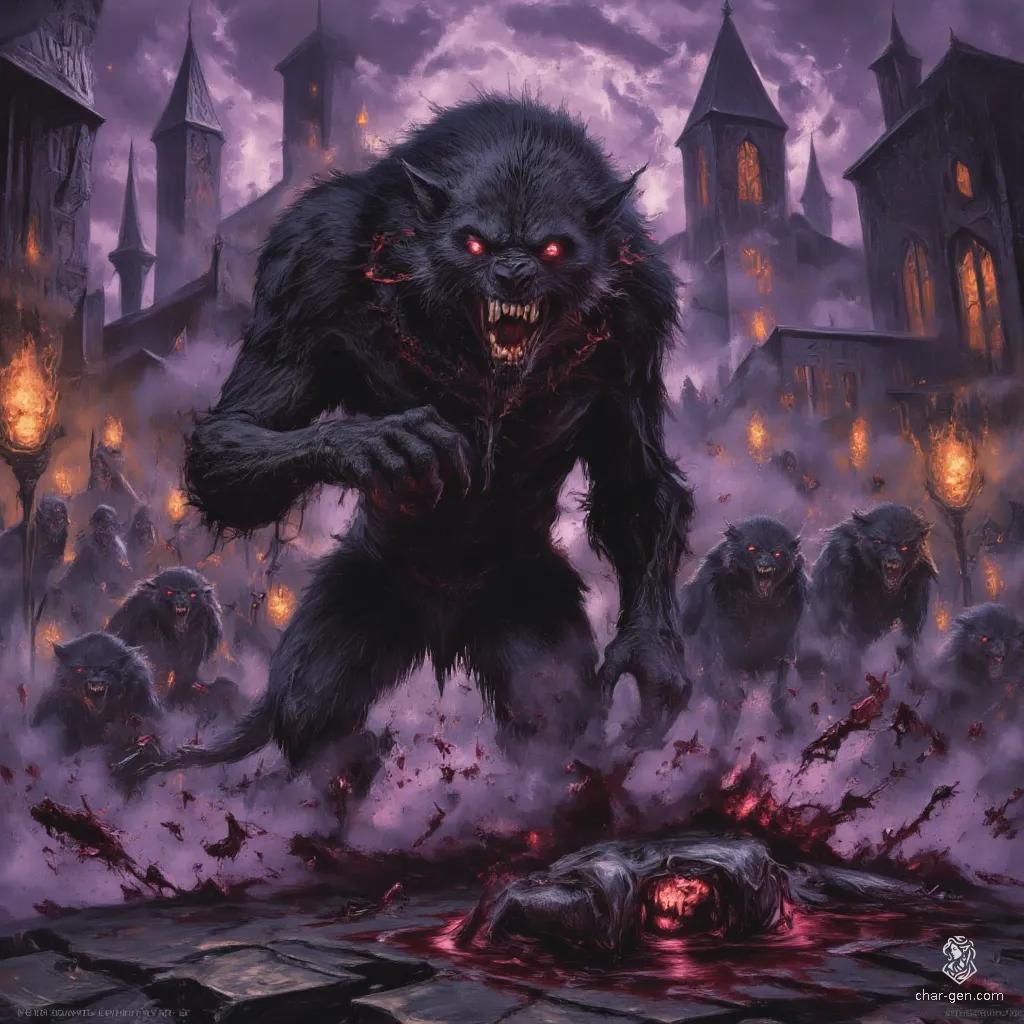 A pack of terrifying dire wolves and bloodthirsty werewolves storms the city, their massive, shaggy forms exuding an unholy aura. With gleaming fangs and claws, they hunt humans for sport, leaving a gruesome trail of blood amidst deep, piercing gazes and an eerie, dark presence.