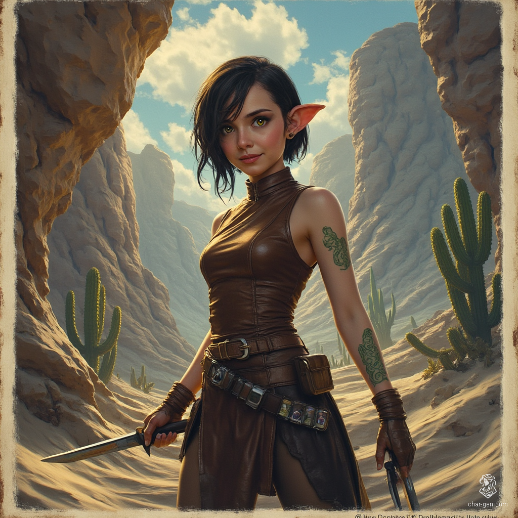 Izzy, a newly emancipated halfling assassin, is a perky yet lethal investigator specializing in crossbows. With striking yellow-green snake-like eyes and green scale tattoos on her bare arms, she blends beauty with danger. Adorned in a tight leather tunic and equipped with concealed daggers, she patiently awaits her prey in the shadows.