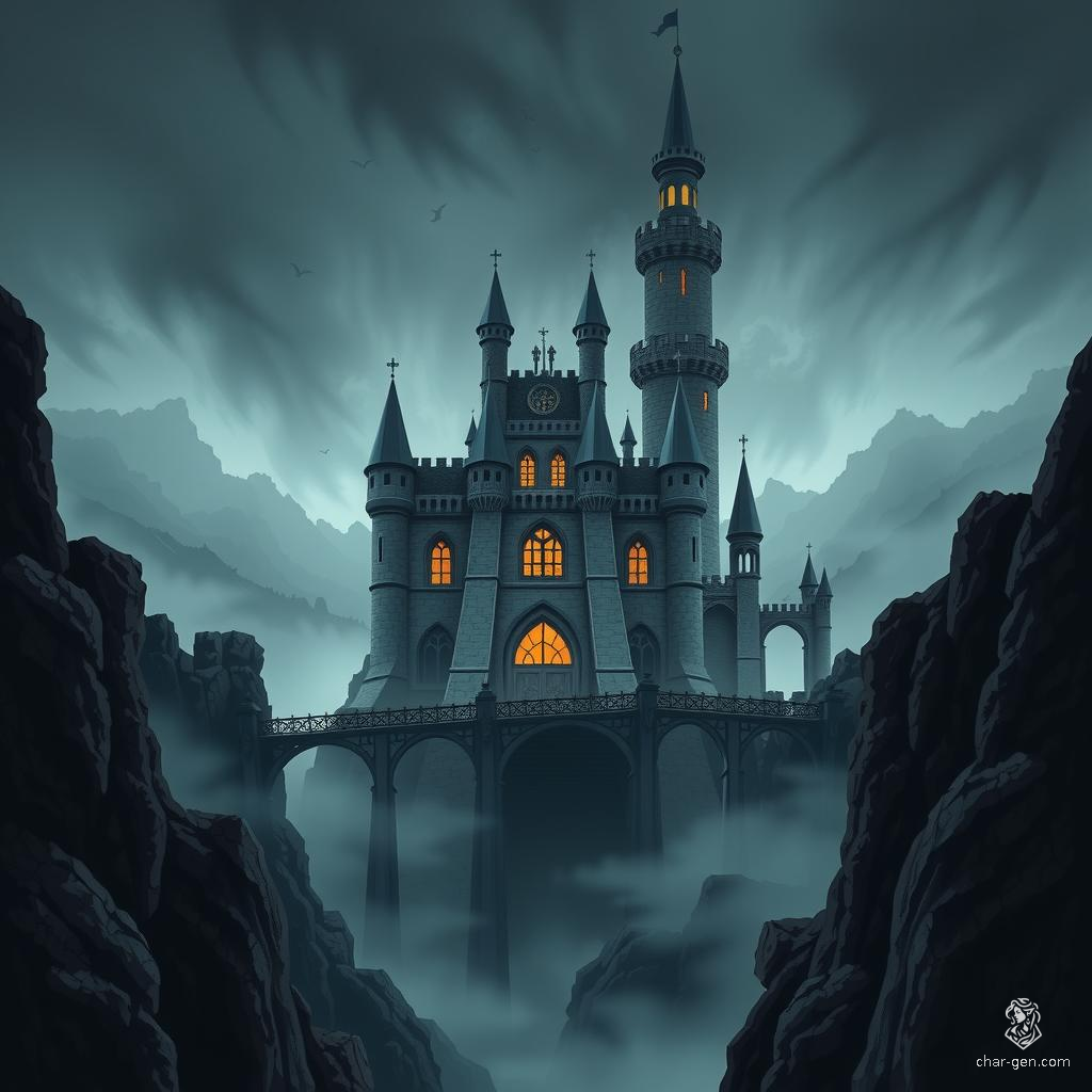 A towering gothic castle looms over a mist-shrouded valley, its dark stone walls weathered and cracked. Tall spires pierce the stormy sky as flickering lights cast eerie glows from arched windows. The air is thick with foreboding, hinting at ancient, malevolent power within.
