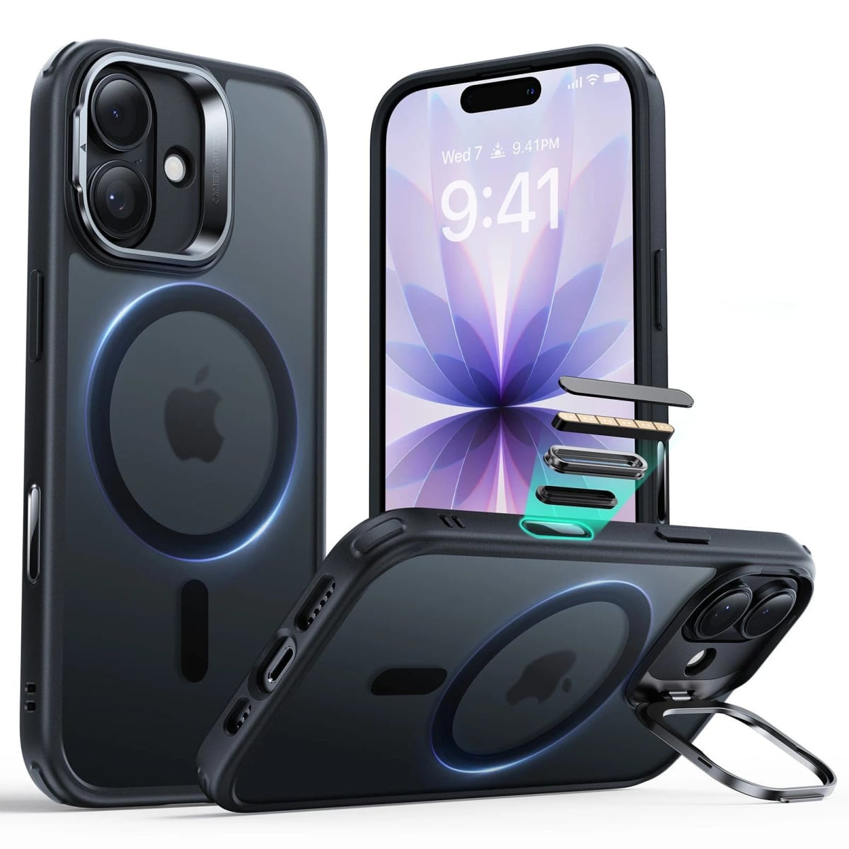 Funda Classic Hybrid Magnetic Frosted Black (Camera Control, Stash Stand) en iPhone 17 negro: vistas trasera y frontal con anillo magnetico y soporte