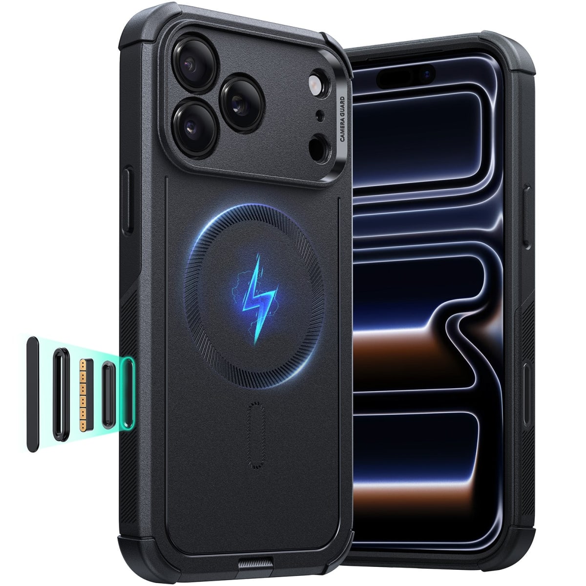 Funda Cyber Tough Magnetic negra (Camera Control) en iPhone 17 Pro: vista trasera rugerizada y frontal, con botones intercambiables