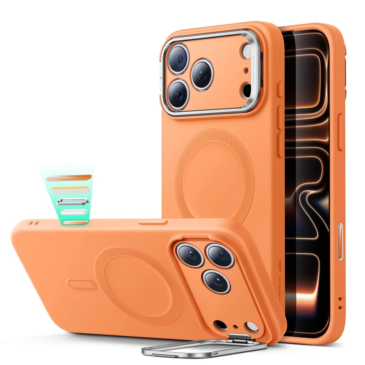 Funda Cloud Soft Magnetic de silicona naranja (Camera Control, Stash Stand) en iPhone 17 Pro: vistas trasera y frontal con soporte de camara