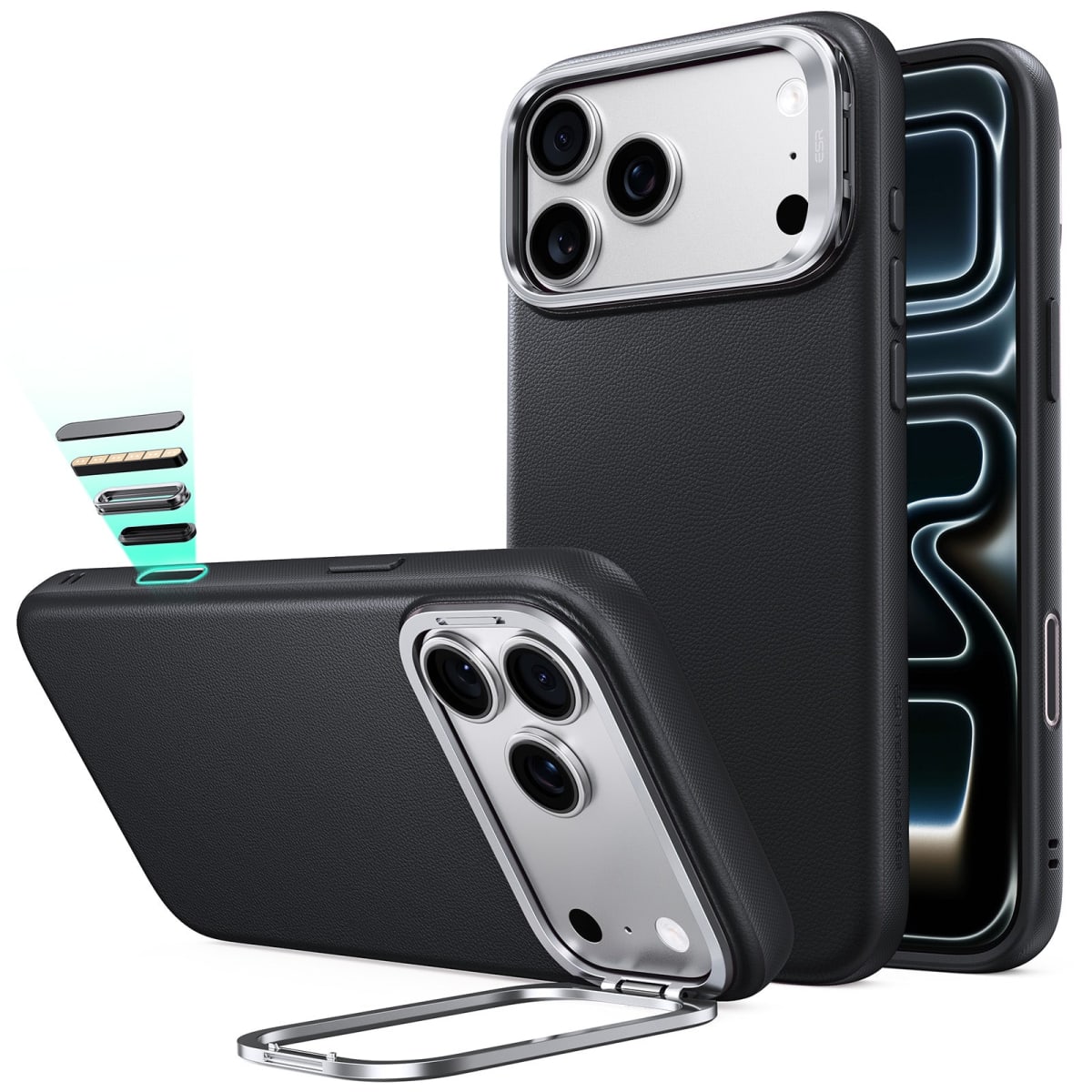 Funda Atelier Magnetic de cuero vegano negro con Flex Stand en iPhone 17 Pro: vistas trasera, lateral y soporte metalico desplegado