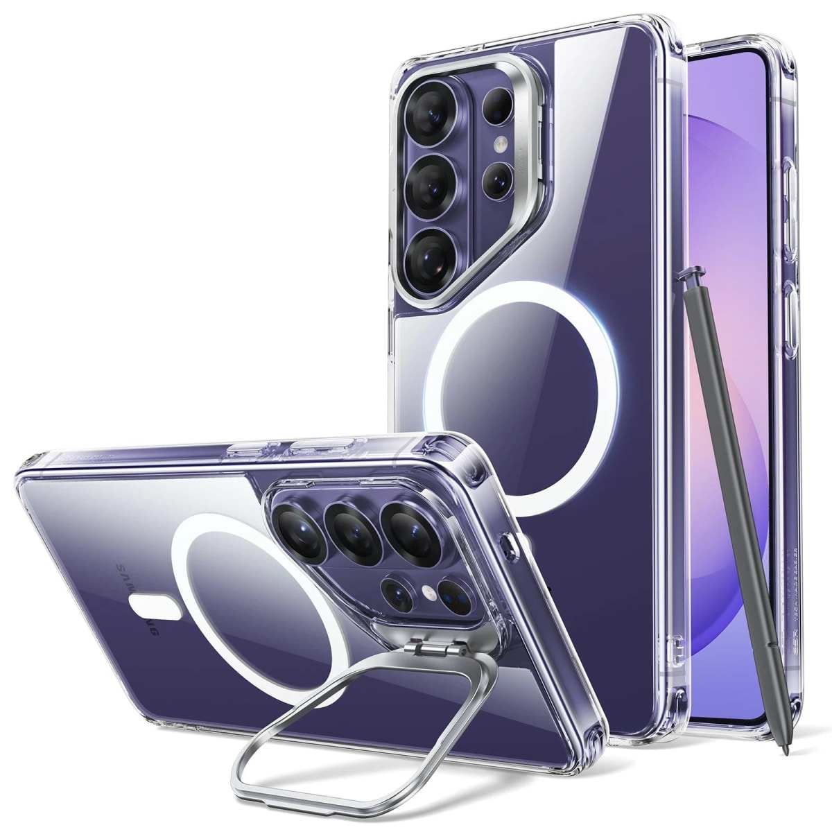 Funda Classic Hybrid Magnetic transparente (Stash Stand) en Galaxy S26 Ultra con S Pen: vistas trasera, frontal y soporte desplegado