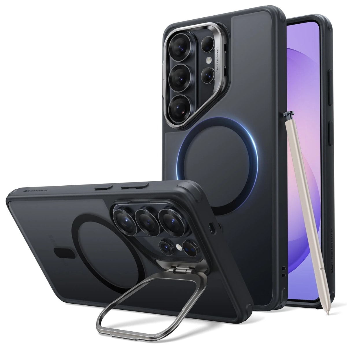 Funda Classic Hybrid Magnetic Frosted Black (Stash Stand) en Galaxy S26 Ultra: vistas trasera y frontal con anillo magnetico y kickstand