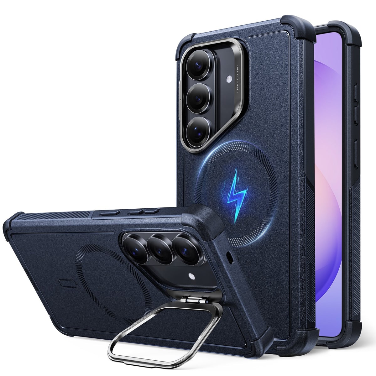 Funda Cyber Tough Magnetic azul marino (Stash Stand) en Galaxy S26 estandar: vistas trasera y frontal con kickstand desplegado