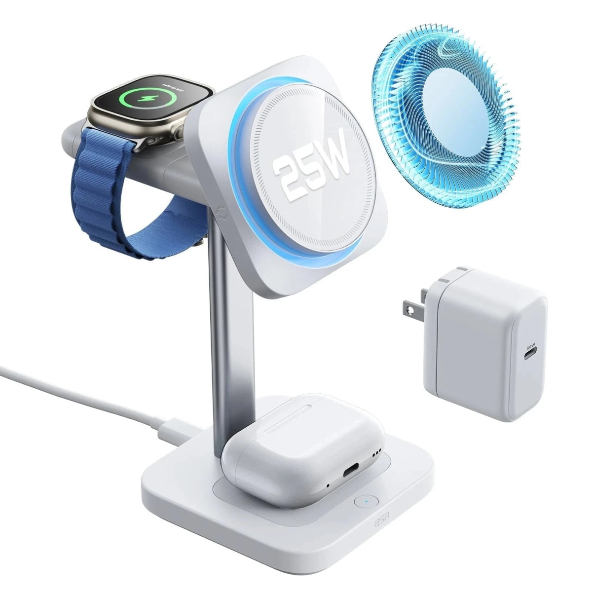 CryoBoost 3-in-1 Magnetic Charging Station (25W, Qi2.2) blanca en estudio con Apple Watch Ultra, AirPods y adaptador de corriente incluido