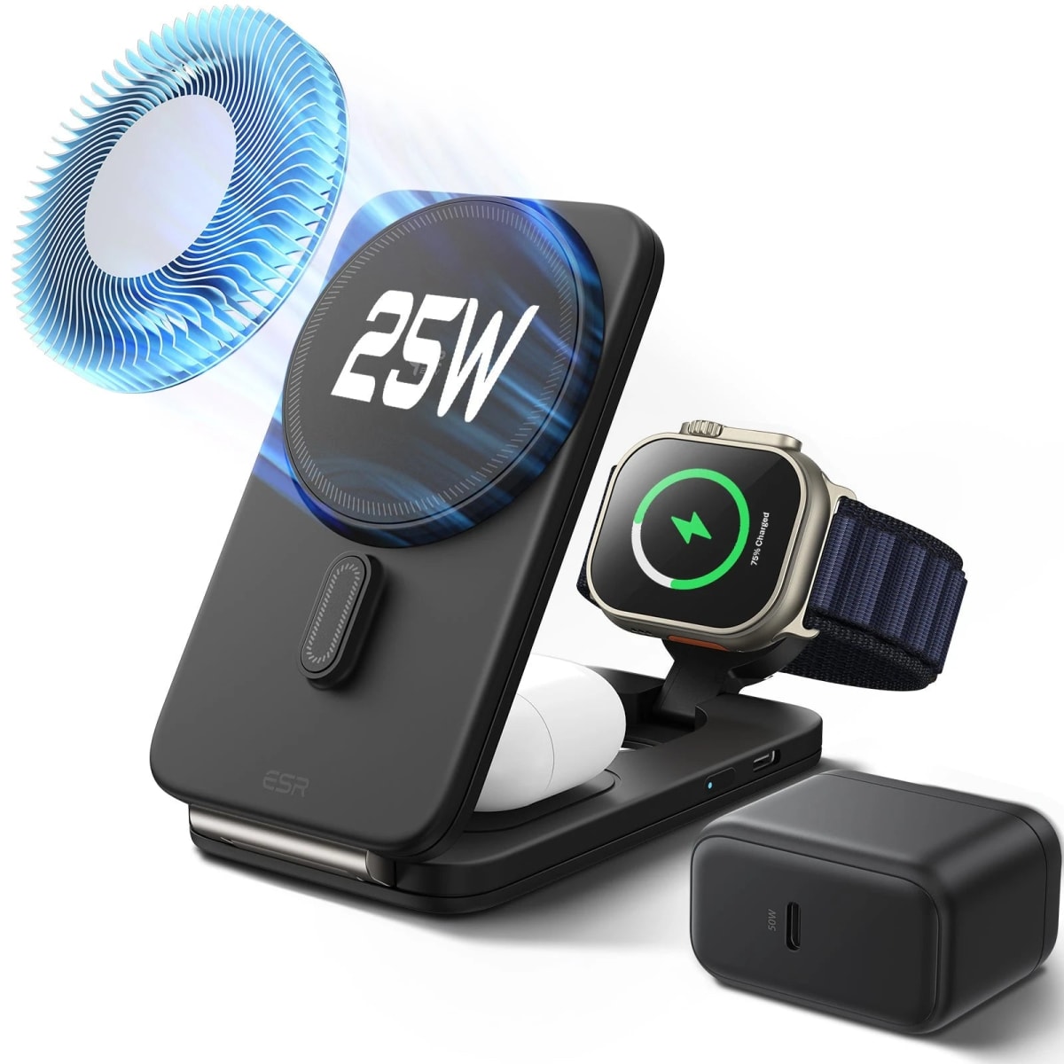 CryoBoost Foldable 3-in-1 (25W) negra: version plegable de viaje cargando AirPods y Apple Watch, con adaptador y grafico del ventilador CryoBoost