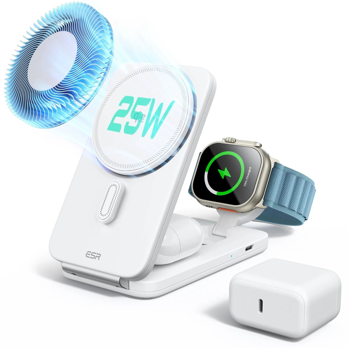 CryoBoost Foldable 3-in-1 (25W) blanca: estacion plegable de viaje con pad de 25W, Apple Watch Ultra y adaptador de corriente