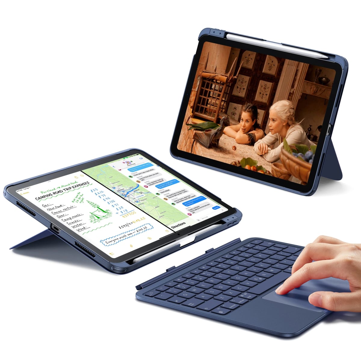 Flex Keyboard Case azul (teclado desmontable) en iPad Air 11: teclado inalambrico separado con trackpad y dos iPads en modo atril