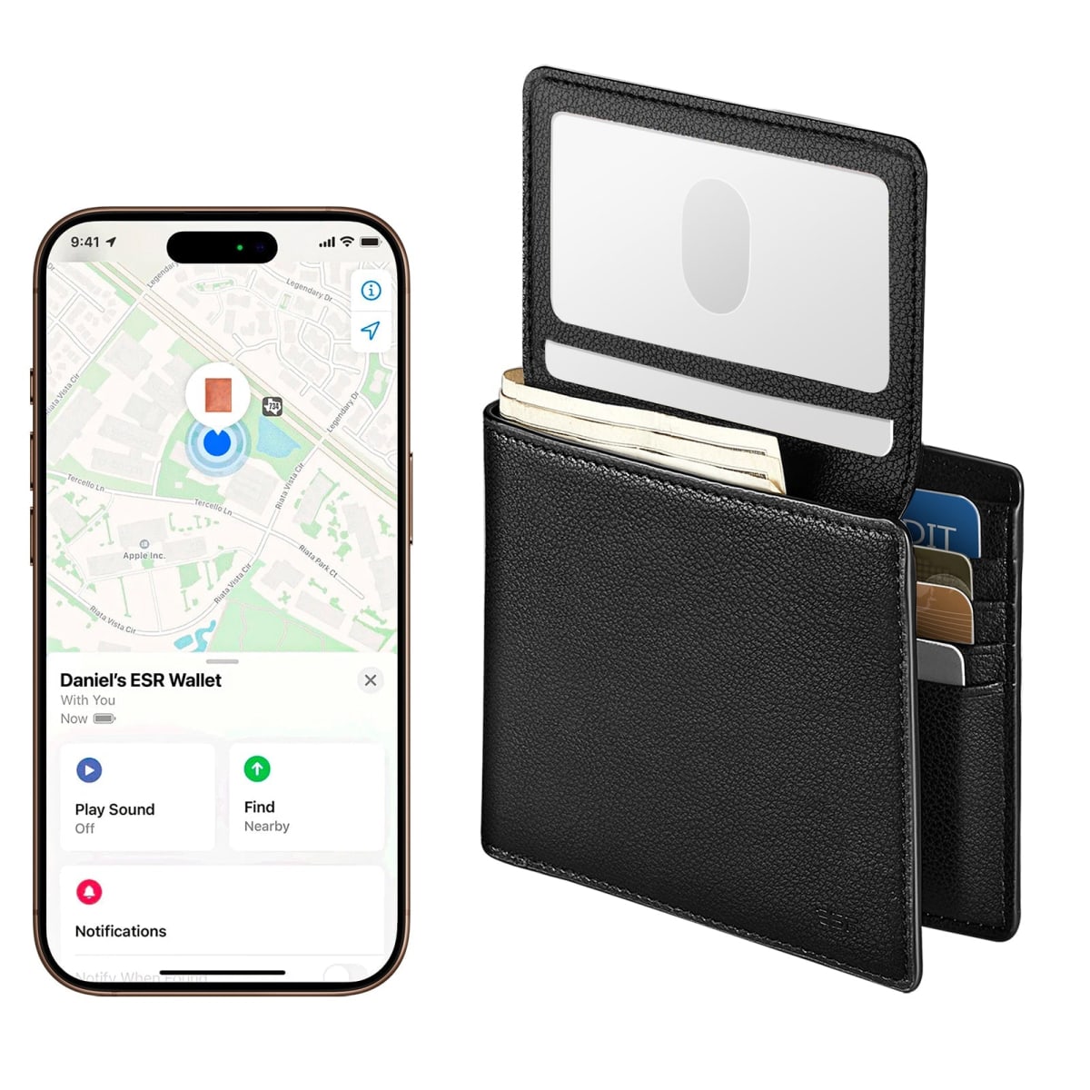 Geo Wallet with Find My en negro (Twilight Black) junto a iPhone mostrando la app Find My localizando la billetera en el mapa