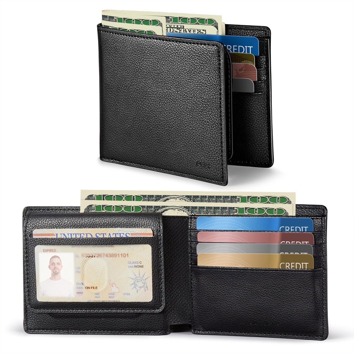 Geo Wallet with Find My negra abierta: compartimentos para billetes, tarjetas y ventana de identificacion, vista superior e interior