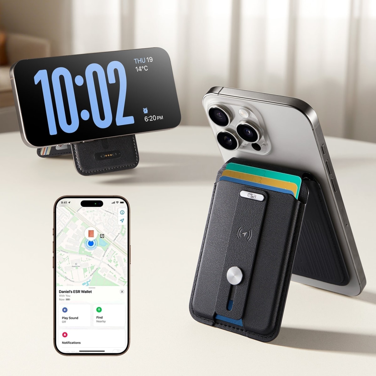 Geo Magnetic Wallet Stand (Grip) Midnight Black adherida con MagSafe al iPhone: modo soporte horizontal con reloj StandBy y app Find My