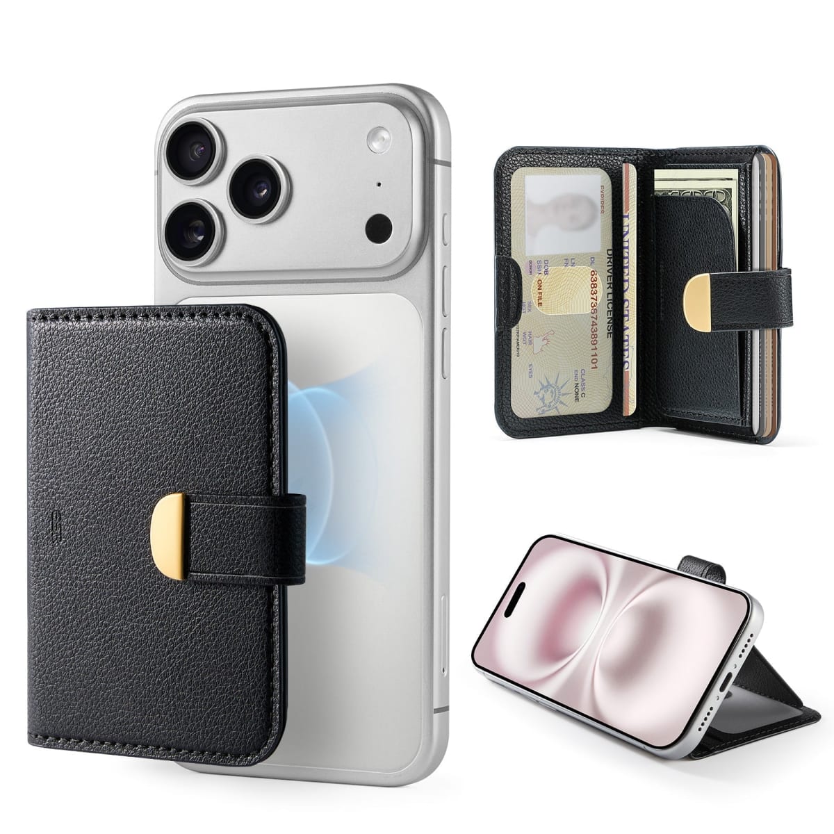 Aura Clutch Magnetic Wallet negra: adherida al dorso del iPhone, abierta mostrando ranuras de tarjetas y en modo soporte para video