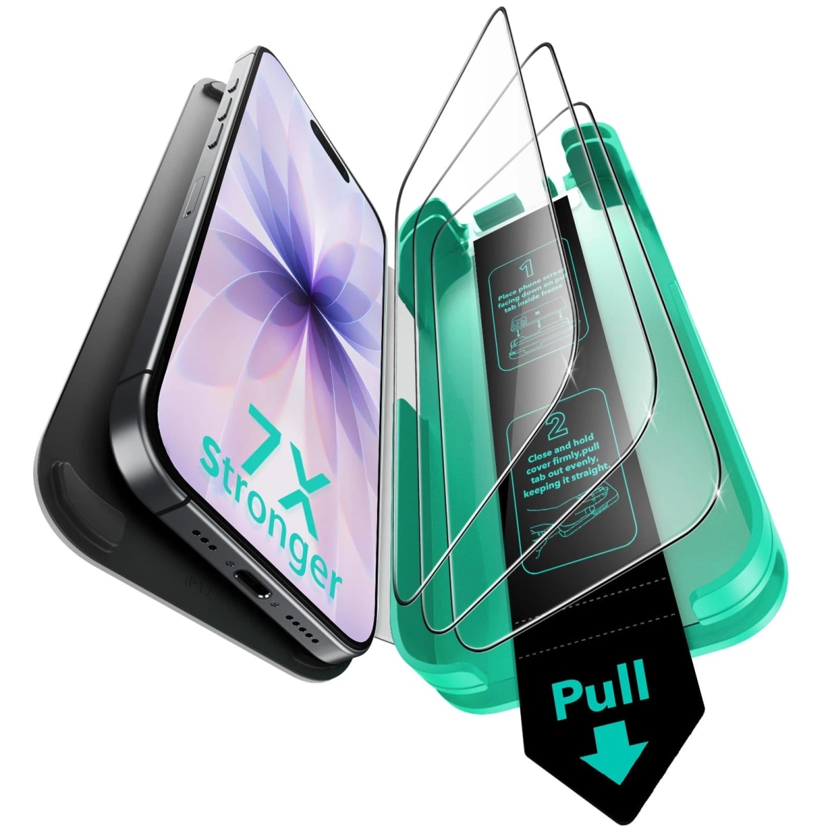 Pack de 3 protectores UltraFit Armorite para iPhone 17 con la bandeja de instalación y el kit de limpieza sobre fondo blanco