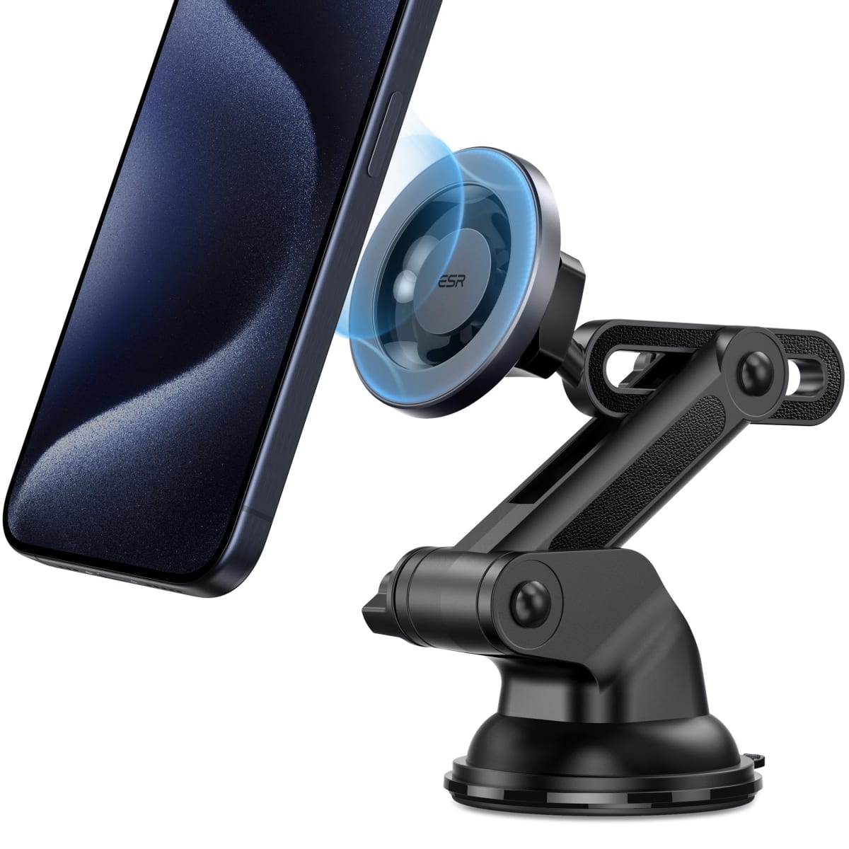 Soporte de tablero HaloLock negro con base adhesiva y anillo de imanes de 360°, sin función de carga