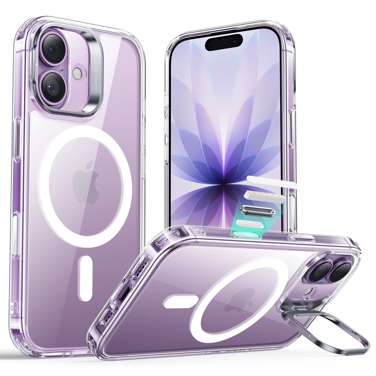 Funda Classic Hybrid Magnetic transparente para iPhone 17 con Camera Control y soporte Stash Stand, vista trasera y frontal