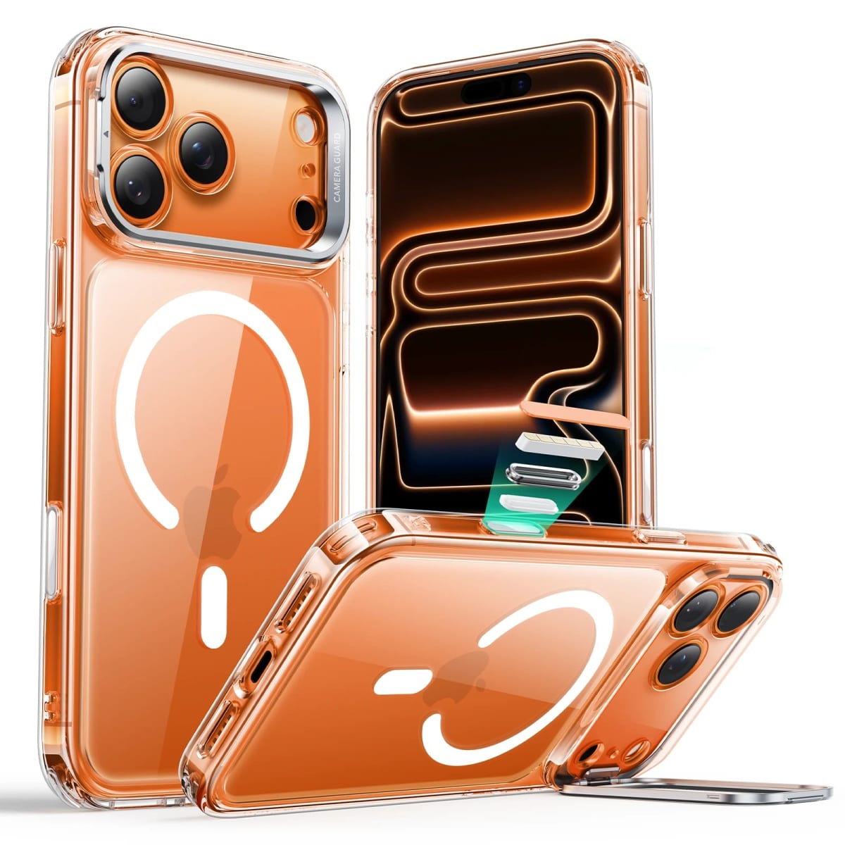 Funda Classic Hybrid transparente en iPhone 17 Pro Max con el soporte Stash Stand desplegado y las esquinas Air Guard visibles