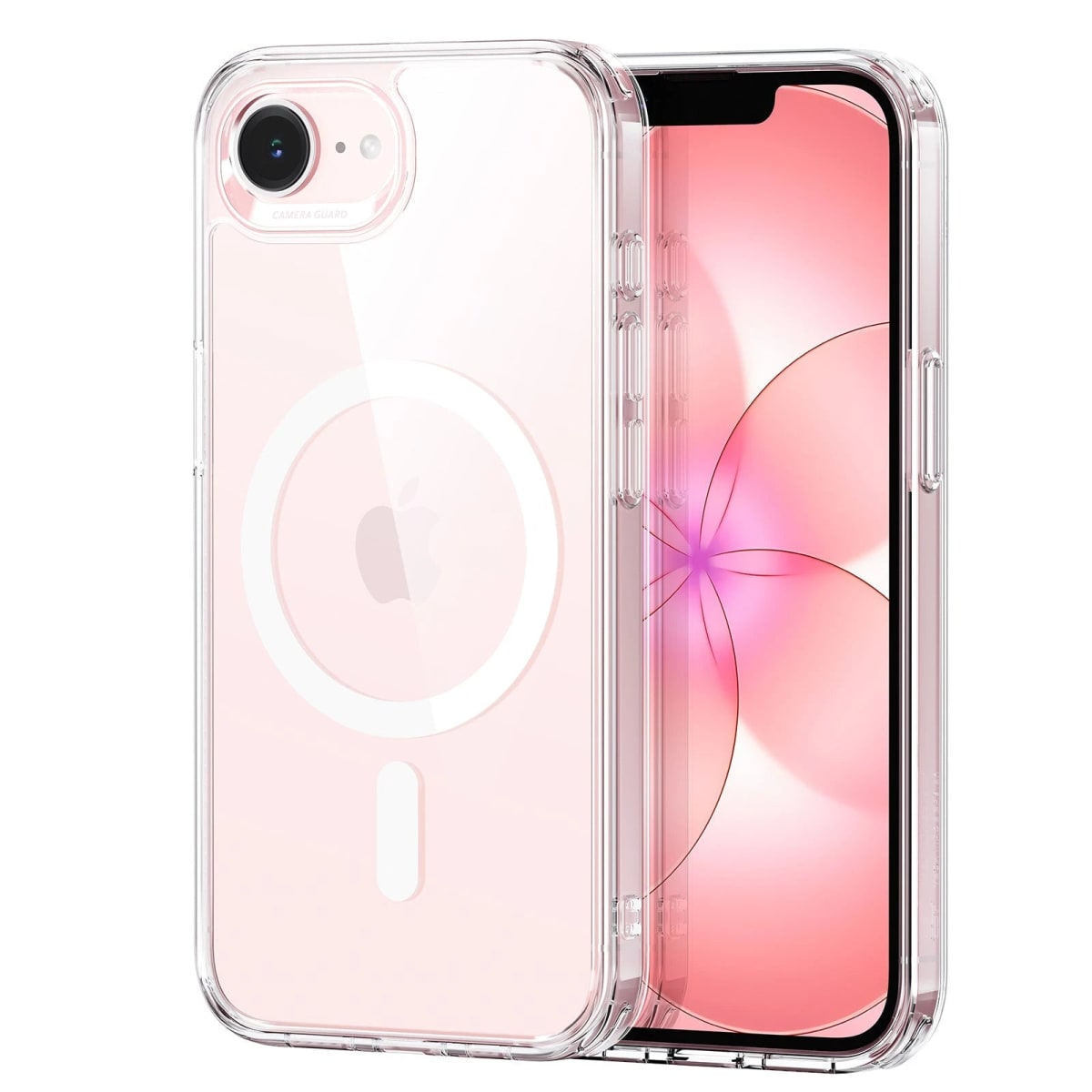 Funda Classic Hybrid Magnetic transparente para iPhone 17e, versión delgada sin soporte, vista trasera con anillo de imanes