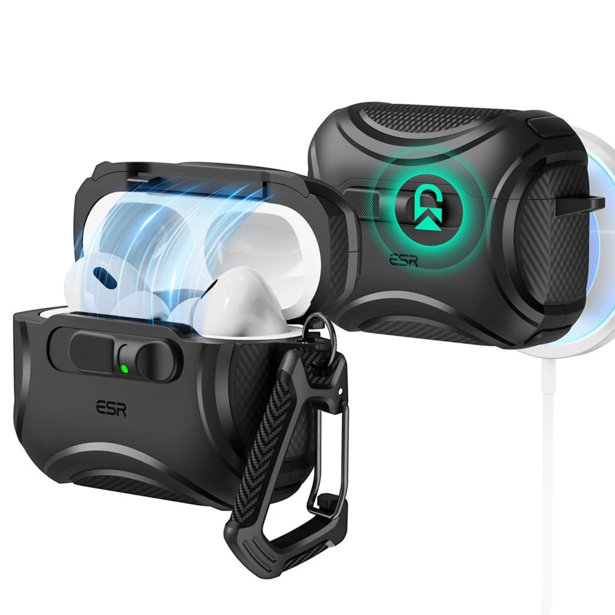 Funda Cyber FlickLock magnética negra para AirPods Pro 3 con el deslizador de goma y las esquinas Air Guard