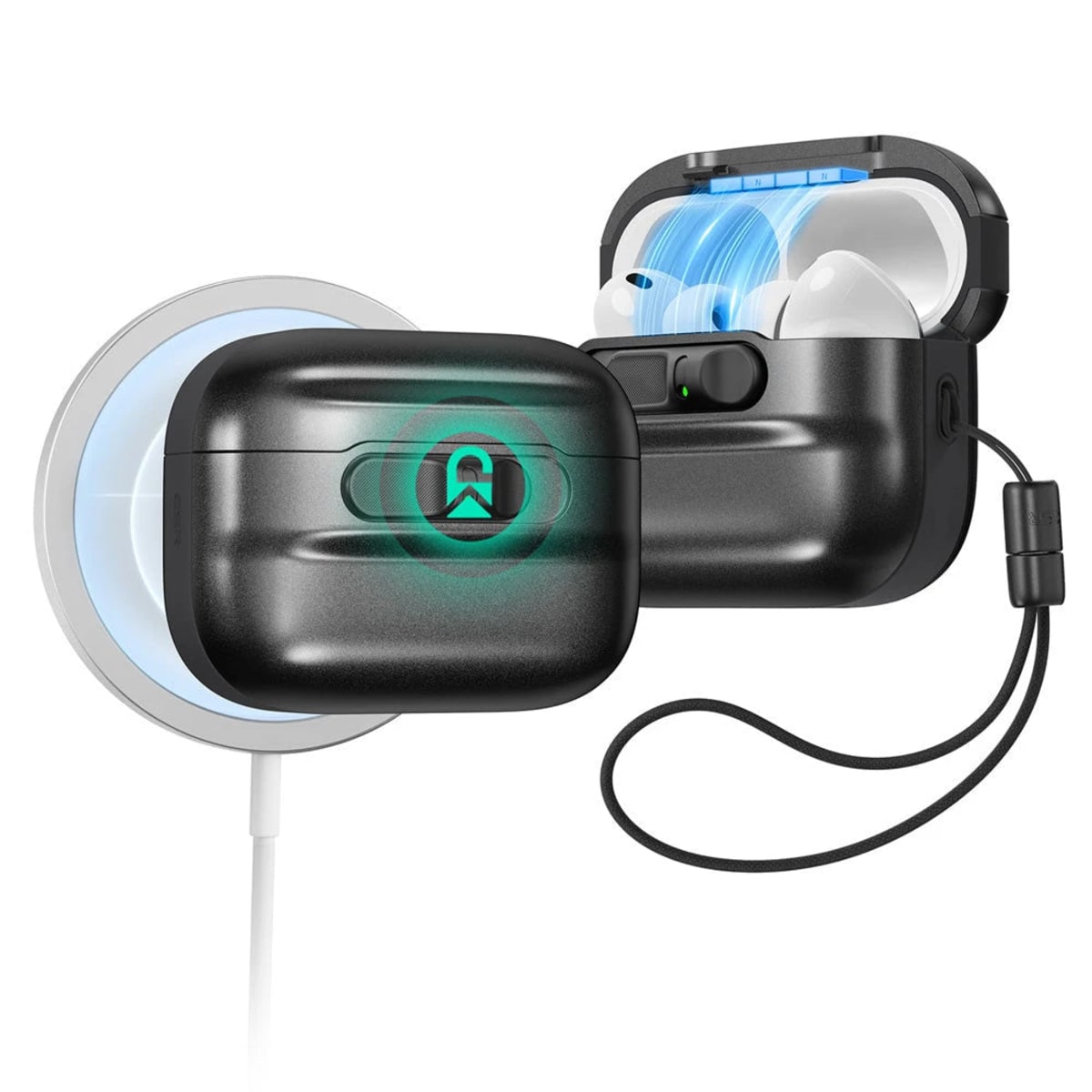 Funda Pulse FlickLock magnética negra para AirPods Pro 3 con tapa de cierre magnético y pestillo interno