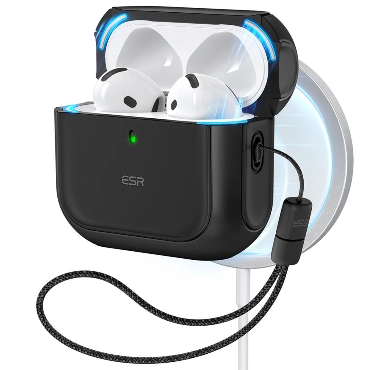Funda Orbit Hybrid (HaloLock) negra para AirPods 4 con combinación de polímero flexible y policarbonato rígido