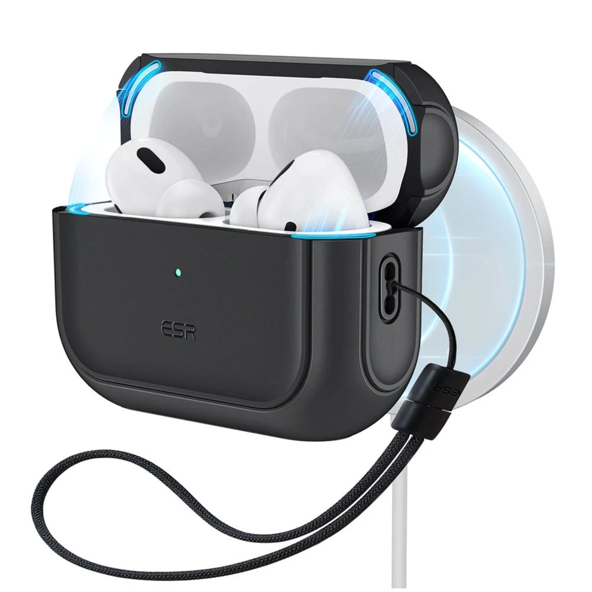 Funda Orbit Hybrid magnética negra para AirPods Pro 3 mostrando el anillo de imanes trasero para carga inalámbrica
