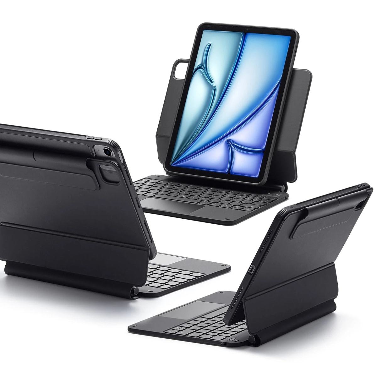 Rebound Magnetic Keyboard Case 360 negro para iPad Air 11 pulgadas M4 2026, abierto en modo portátil sobre fondo blanco