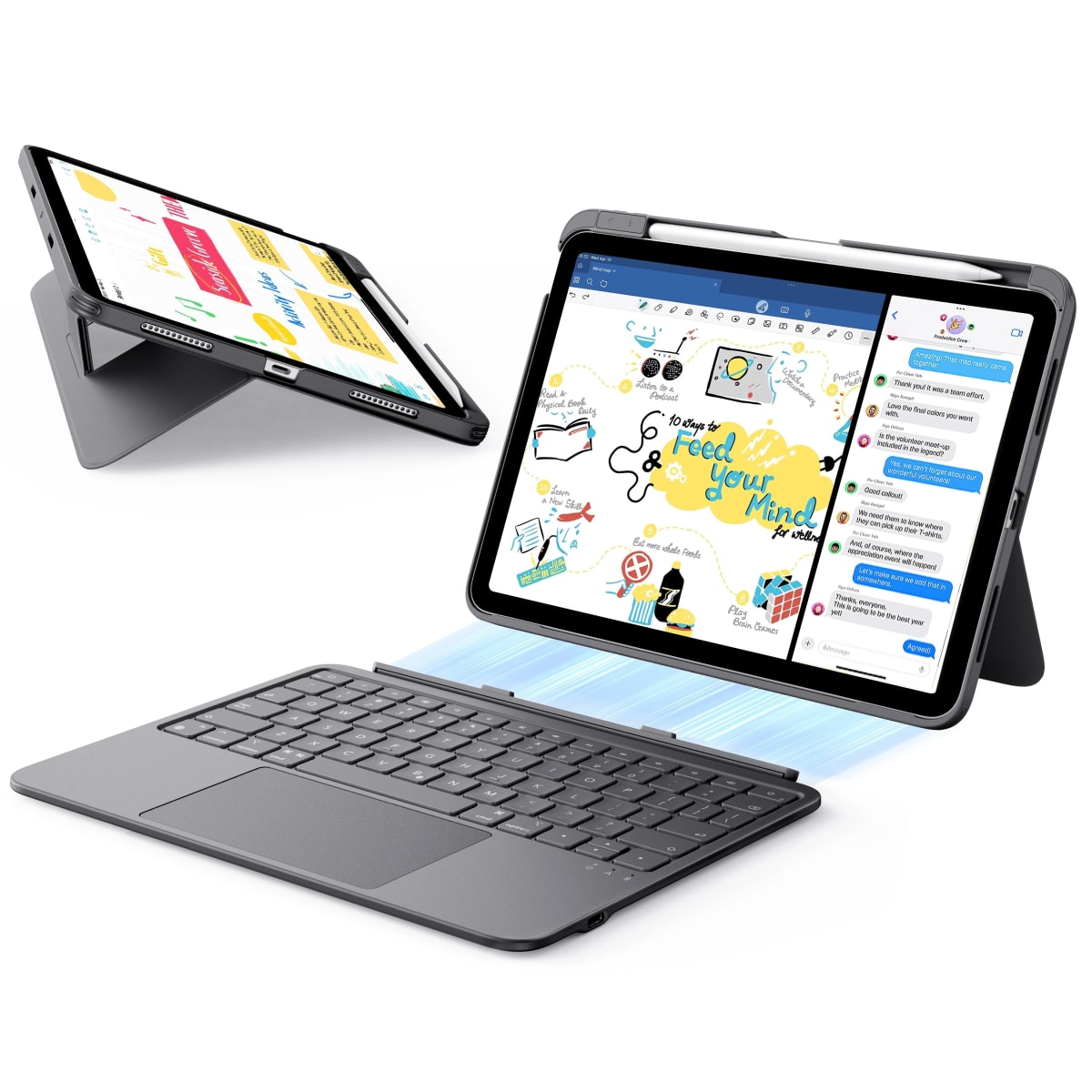 Flex Keyboard Case desmontable gris oscuro para iPad Air 11 M4 2026 mostrando el teclado separado del soporte