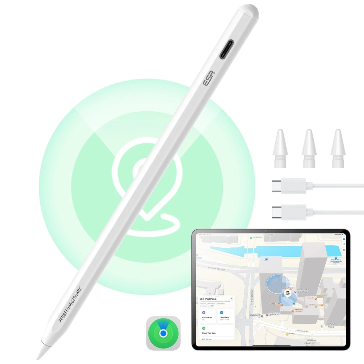 Geo Digital Pencil blanco con Find My integrado, apoyado junto a un iPad mostrando la app de rastreo