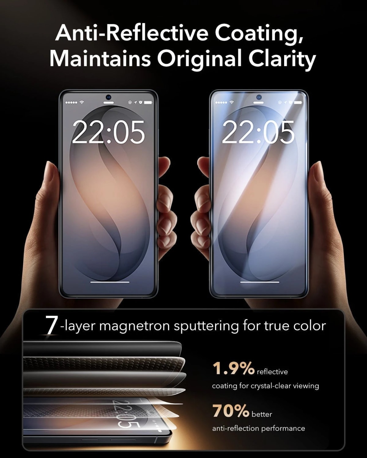 Comparación de dos Galaxy S26 Ultra, uno con reflejos y otro con la capa antirreflejo de 7 capas del Armorite Pro