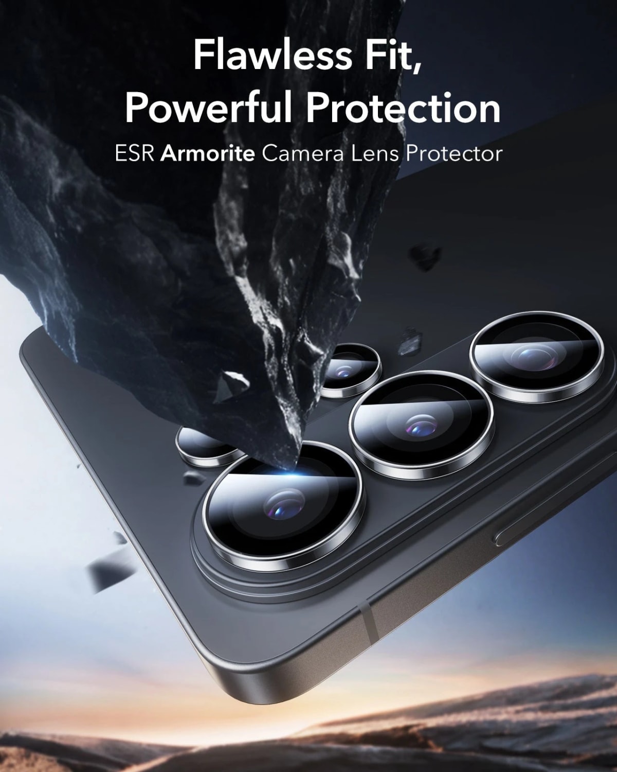 Protectores de lente Armorite instalados de forma individual sobre cada cámara del Galaxy S26 Ultra