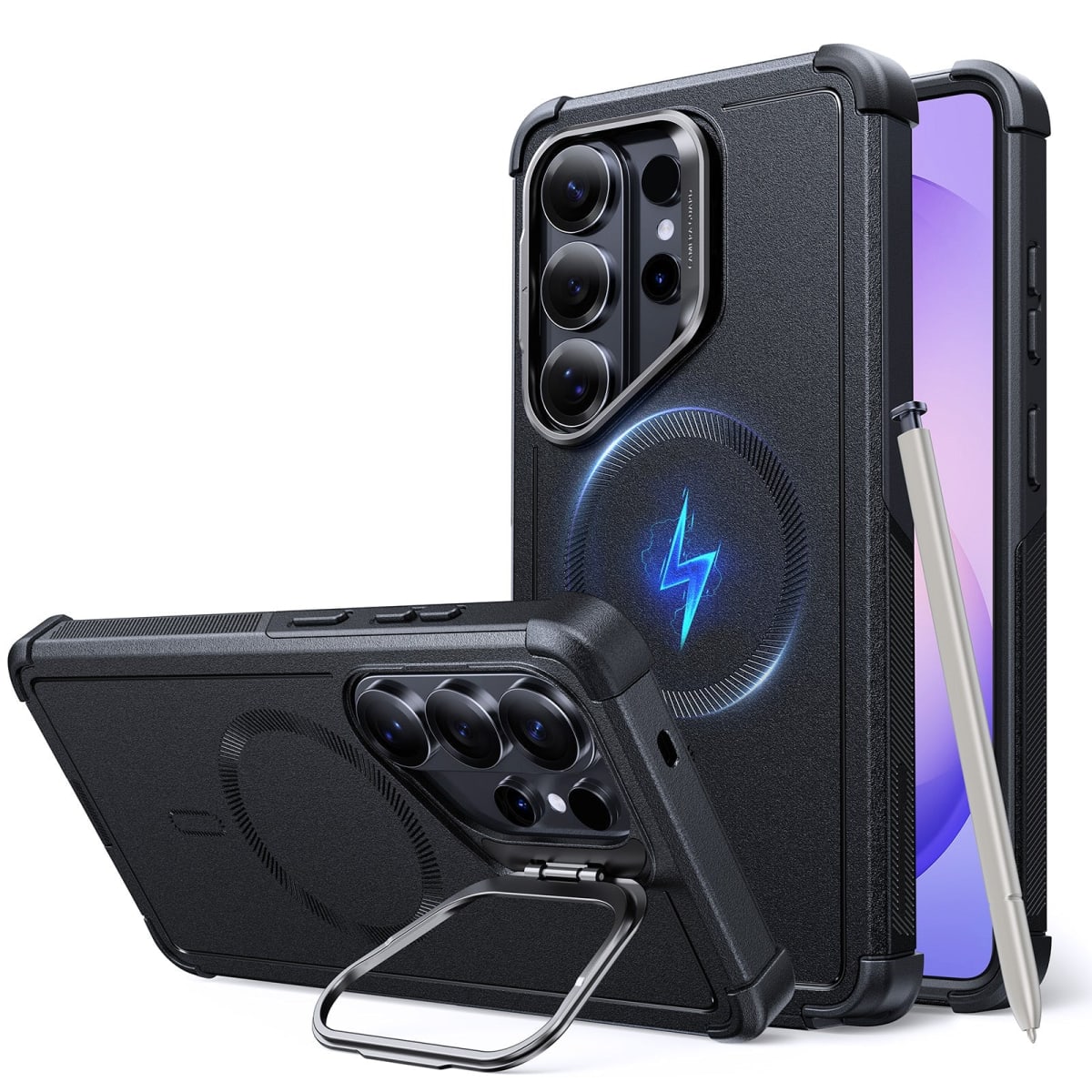 Galaxy S26 Ultra con la funda Cyber Tough Magnetic negra y el Stash Stand de aleación de zinc desplegado