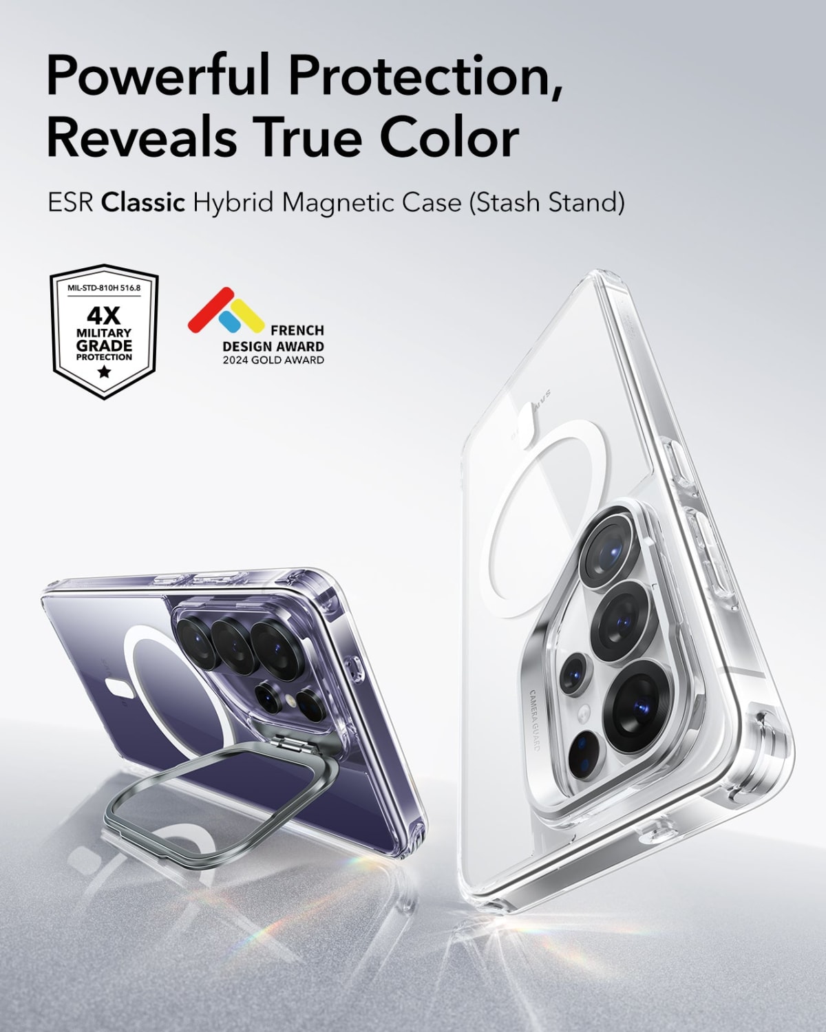 Funda Classic Hybrid Magnetic transparente para Galaxy S26 Ultra vista por delante y por detrás con el sello 4X de grado militar