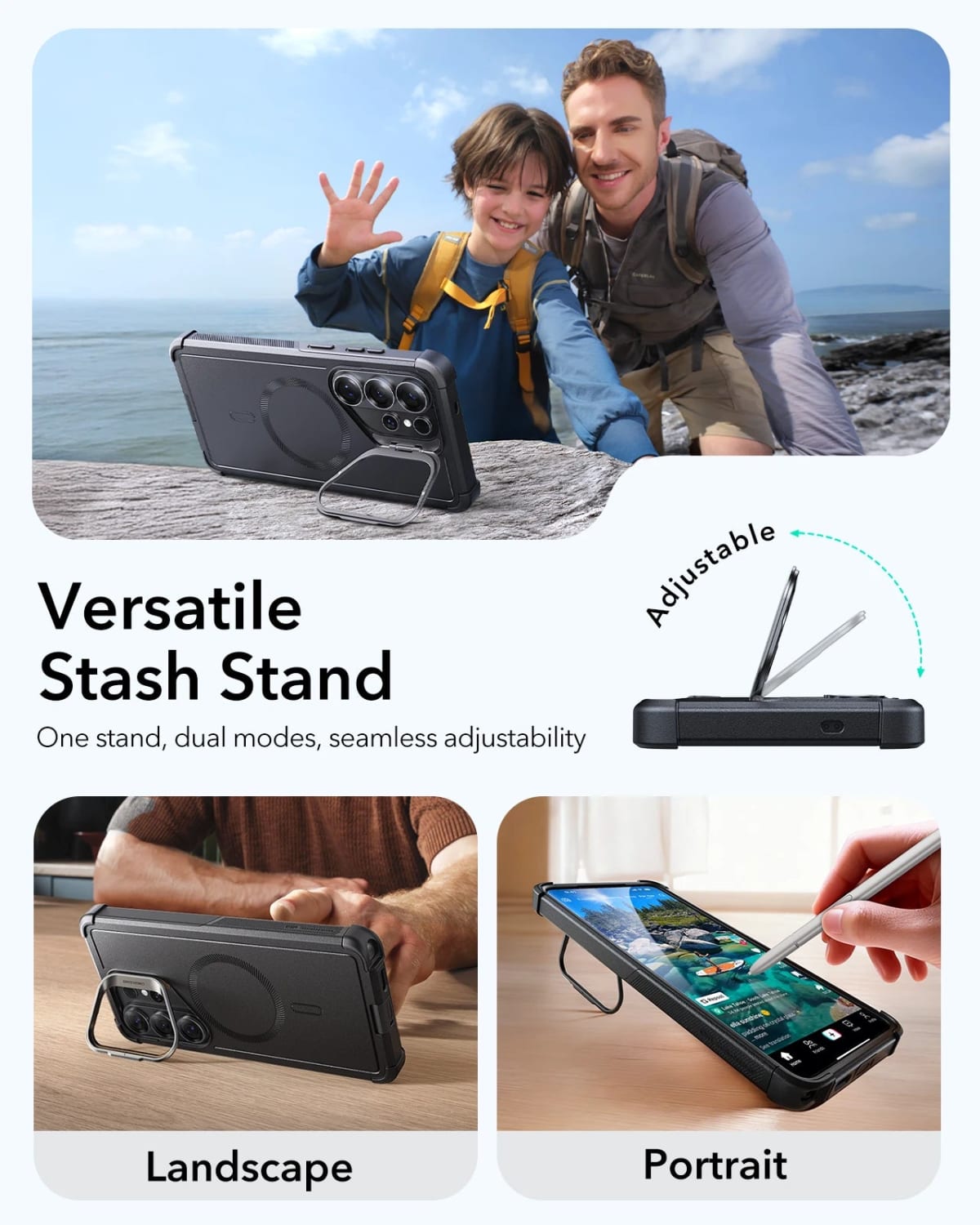 El Stash Stand sosteniendo el Galaxy en modo horizontal y en modo vertical, con la nota de ángulo ajustable