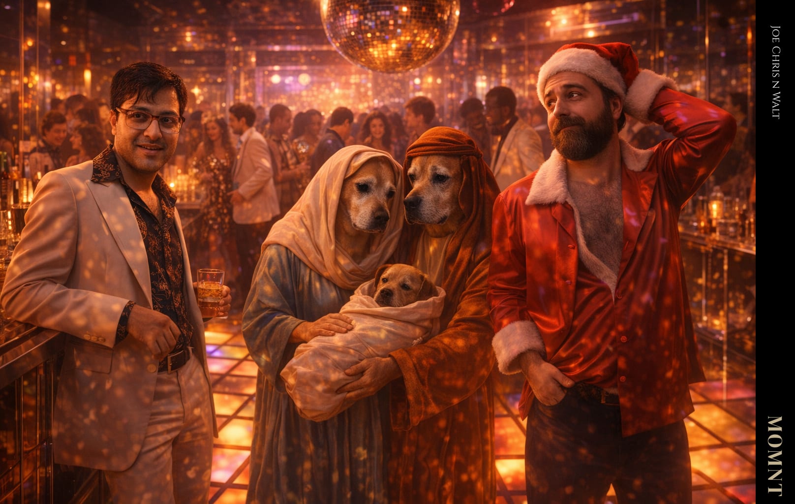 Generated group portrait combining three selected event moments in a warm nightclub