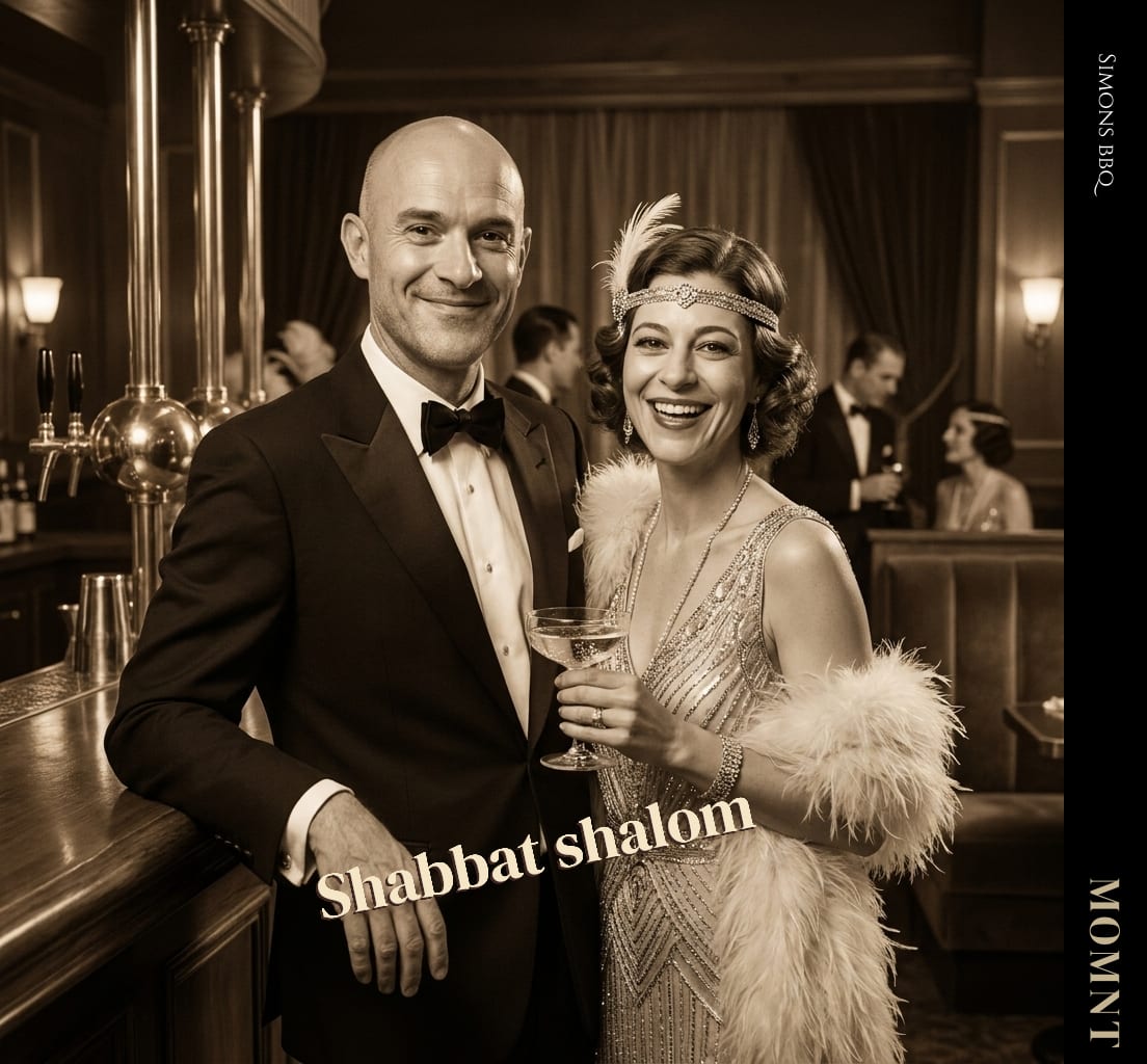 Guest-selected MOMNT transformation showing the same pair in formal 1920s clothing at a speakeasy bar