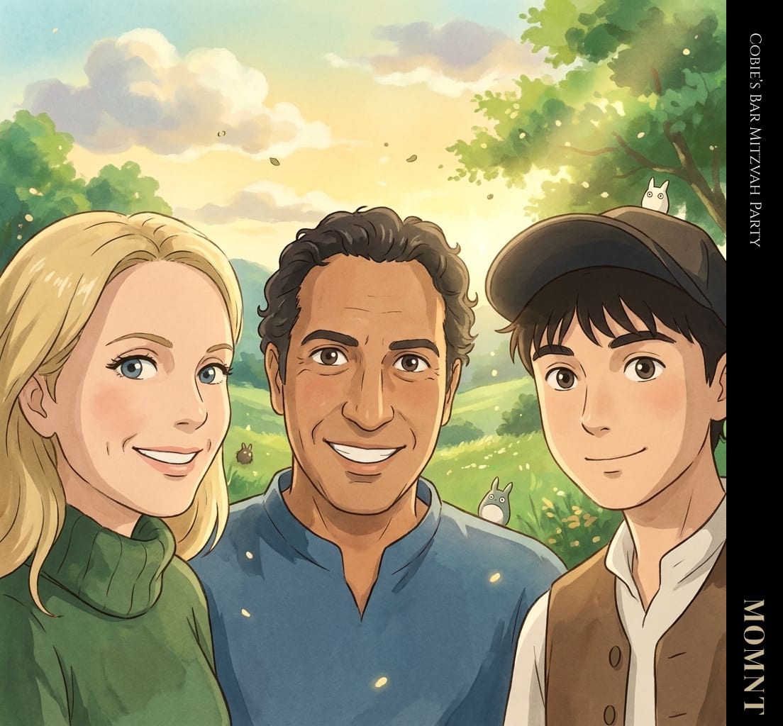 Guest-selected MOMNT transformation rendering the same three participants as characters in a bright hand-drawn landscape