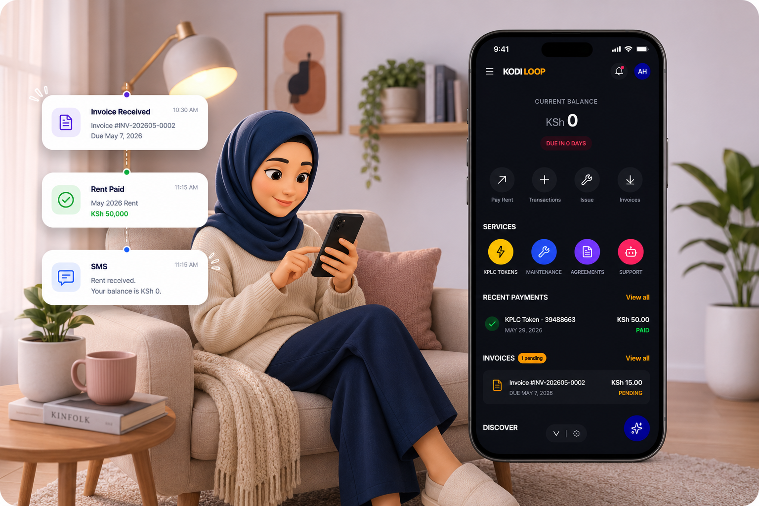 KodiLoop tenant app interface for rent payments and tenant services